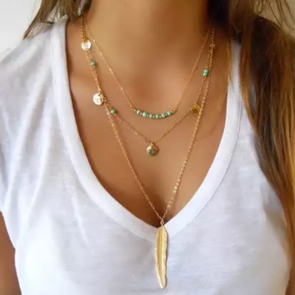 Jewelry - Gold Filled Multilayer Leaf Turquoise Necklace